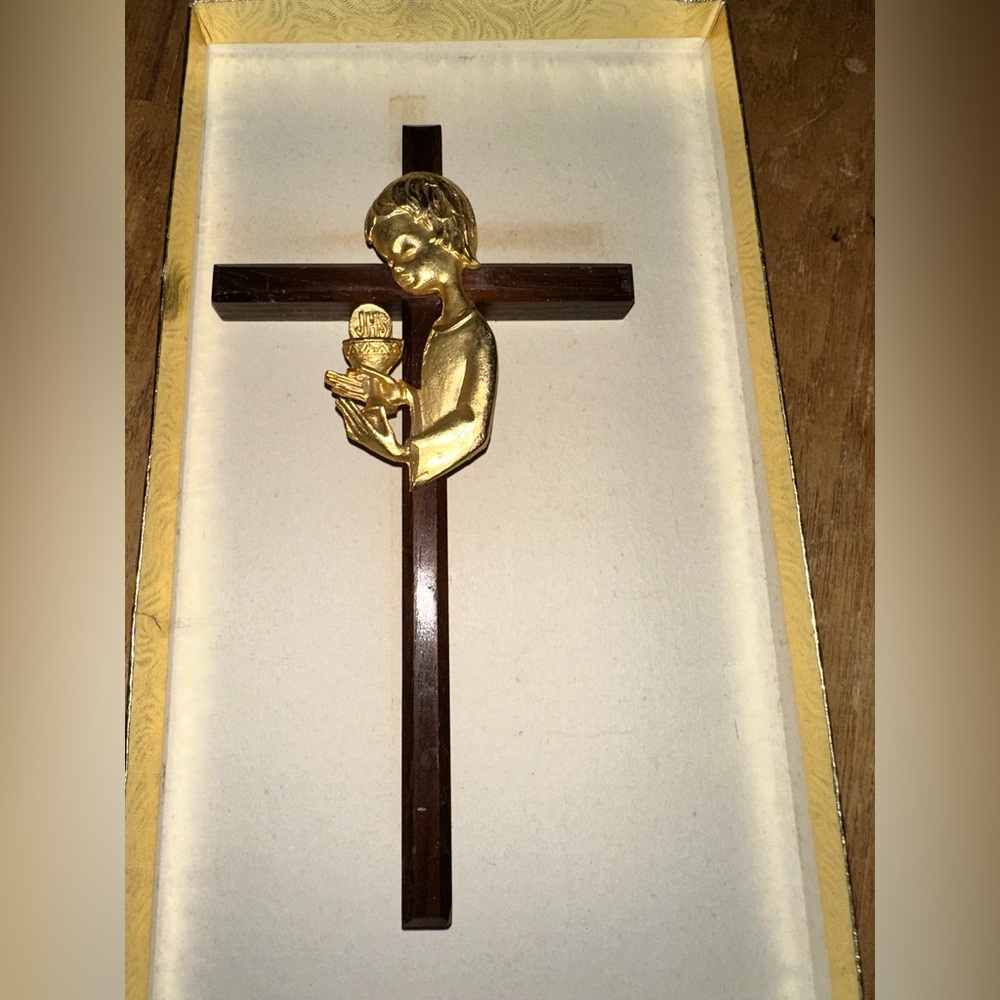 Vintage First Communion Brass and Wood Wall Cross